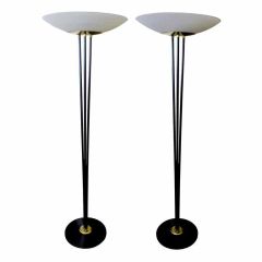 Chic Pair of American Black Metal Tripod Floor Lamps w Frosted Glass Shades