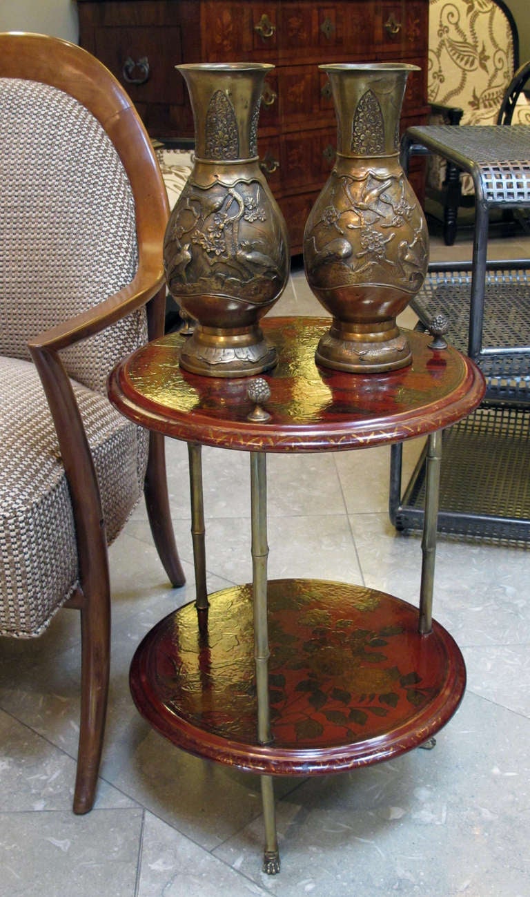 A Finely-Detailed Pair of Japanese Brass Vases with Birds and Foliate Motifs