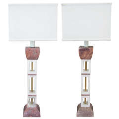 A Tall and Stylish Pair of Italian Mid-Century Rouge and Carrera Marble Lamps