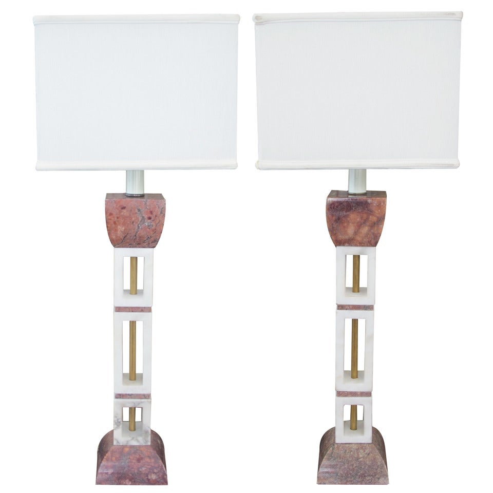 A Tall and Stylish Pair of Italian Mid-Century Rouge and Carrera Marble Lamps