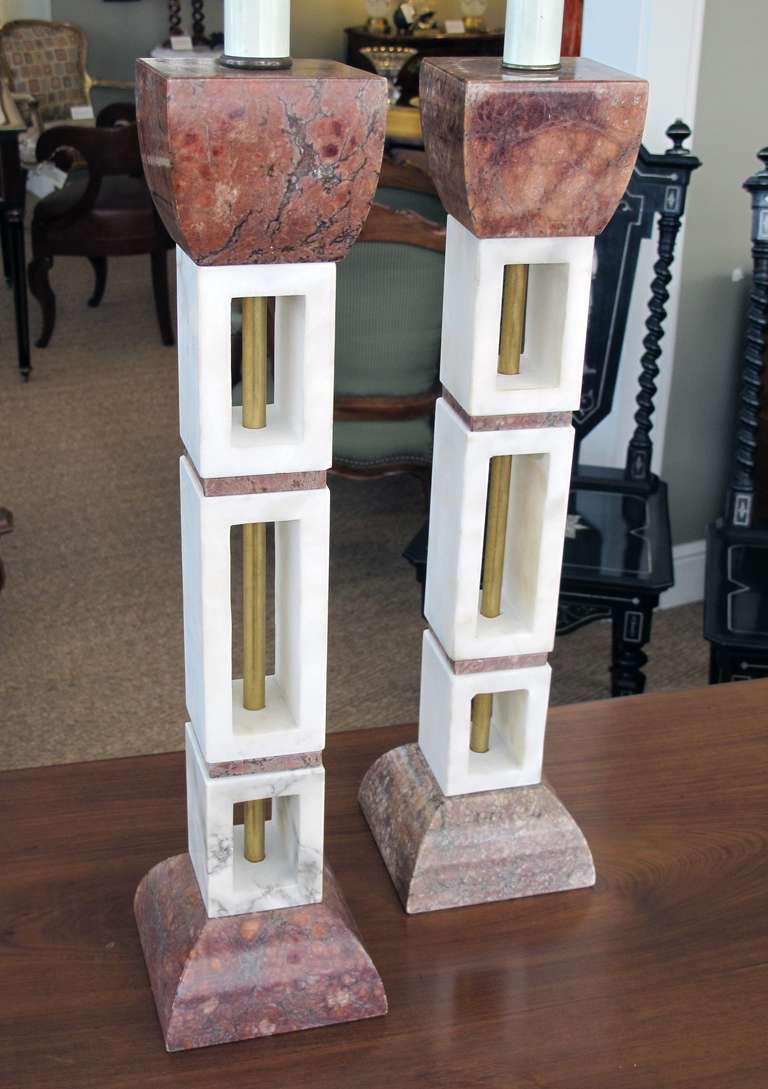 A Tall and Stylish Pair of Italian Mid-Century Rouge and Carrera Marble Lamps In Good Condition In San Francisco, CA