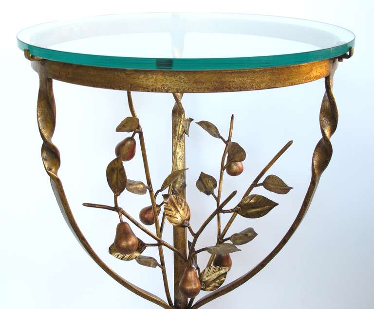 A Whimsical Italian 1960's Gilt-Iron Tripod Circular Side Table with Pear Branches In Excellent Condition In San Francisco, CA