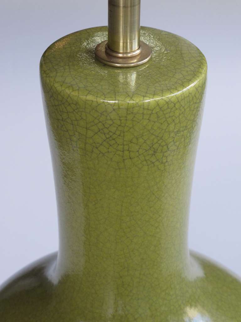 Mid-20th Century A Stylish Pair of American Mid-Century Apple-Green Glazed Pottery Lamps Designed Paul Laszlo