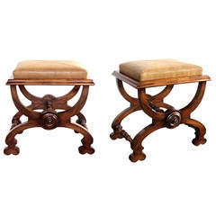 Pair of French Napoleon III Carved Walnut Curule-Form Stools