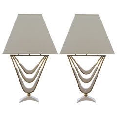 A Stylish Pair of American Faux Ivory Painted & Brass Lamps