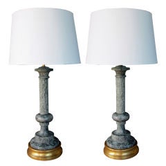 Vintage A Large-Scaled Pair of Italian Columnar-Form Green Marble Lamps