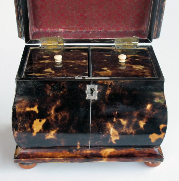 A shapely Englisn William IV bombe-form tortoiseshell tea caddy with wooden bun feet; the coved lid above a bombe-form body raised on later wooden bun feet; enclosing twin tea compartments with tortoiseshell lids and ivory pulls