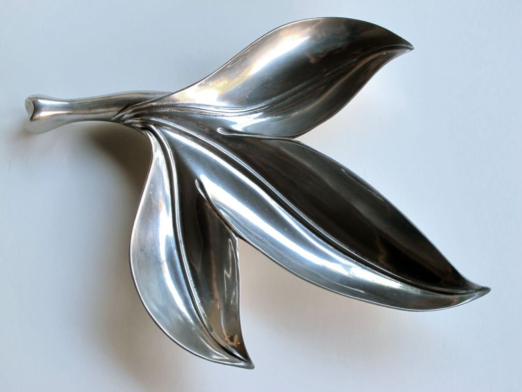 An American mid-century pewter leaf-form bowl; incised 