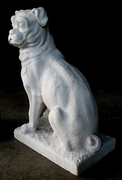 19th Century Unusual Pair of English Hand-Carved Carrara Marble Seated Pugs
