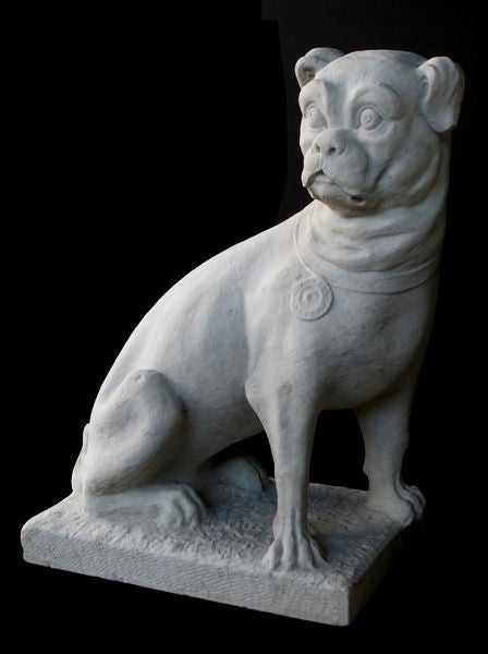 Unusual Pair of English Hand-Carved Carrara Marble Seated Pugs 1