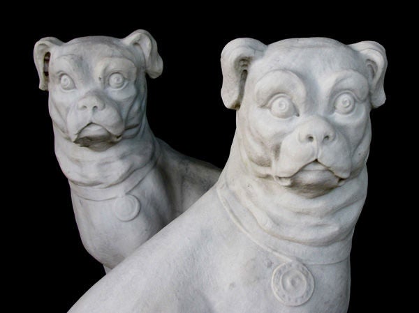 Unusual Pair of English Hand-Carved Carrara Marble Seated Pugs 5
