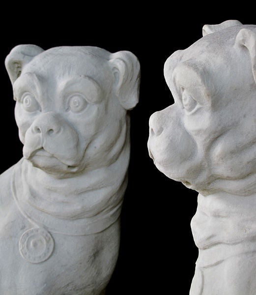 Unusual Pair of English Hand-Carved Carrara Marble Seated Pugs 6