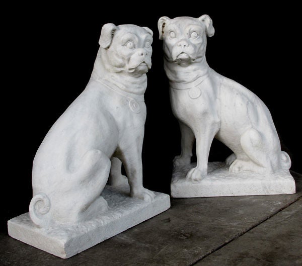 Unusual Pair of English Hand-Carved Carrara Marble Seated Pugs 7