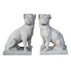 Unusual Pair of English Hand-Carved Carrara Marble Seated Pugs