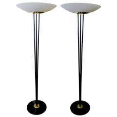 A Chic Pair of American Black Metal & Brass Tripod Floor Lamps