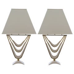 A Stylish Pair of American Faux Ivory Painted Lattice-Form Lamps