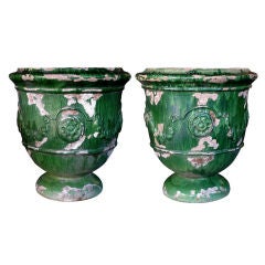 A Boldly-Scaled Pair of French Emerald Green Glazed Terra-Cotta Anduze Garden Urns