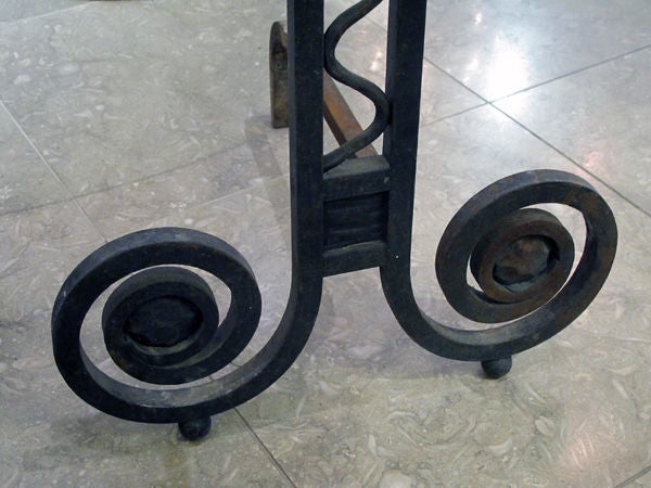 A Large-Scaled Pair of French Art Deco Hand-Wrought Iron Andirons 1