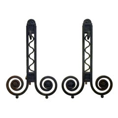 A Large-Scaled Pair of French Art Deco Hand-Wrought Iron Andirons