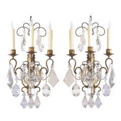 Vintage Large-Scaled Pair of French Gilt-Metal 
Crystal 3-Light Sconces
