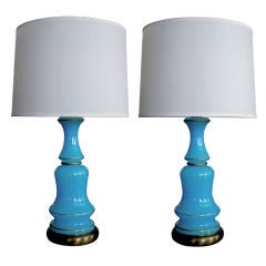 A Translucent Pair of French Pale Blue Opaline Glass Lamps