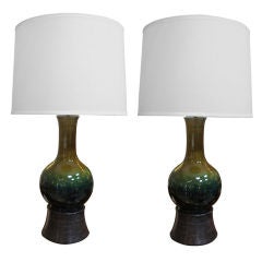 A Good Pr of English Olive Green & Teal Glazed Lamps; Moorcroft