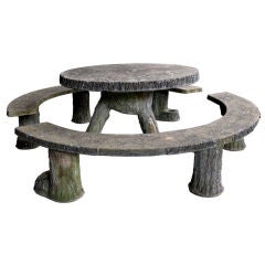 Used A Rare French Faux Bois Concrete Circular Table w/Two Benches