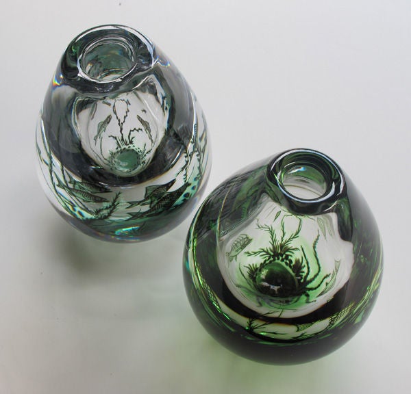 A Rare Pair of Swedish Orrofors 'Fish Graal' Vases; Engraved