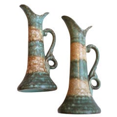 Antique Rare Pair of German Arts & Crafts Matte Glazed Pottery Pitchers
