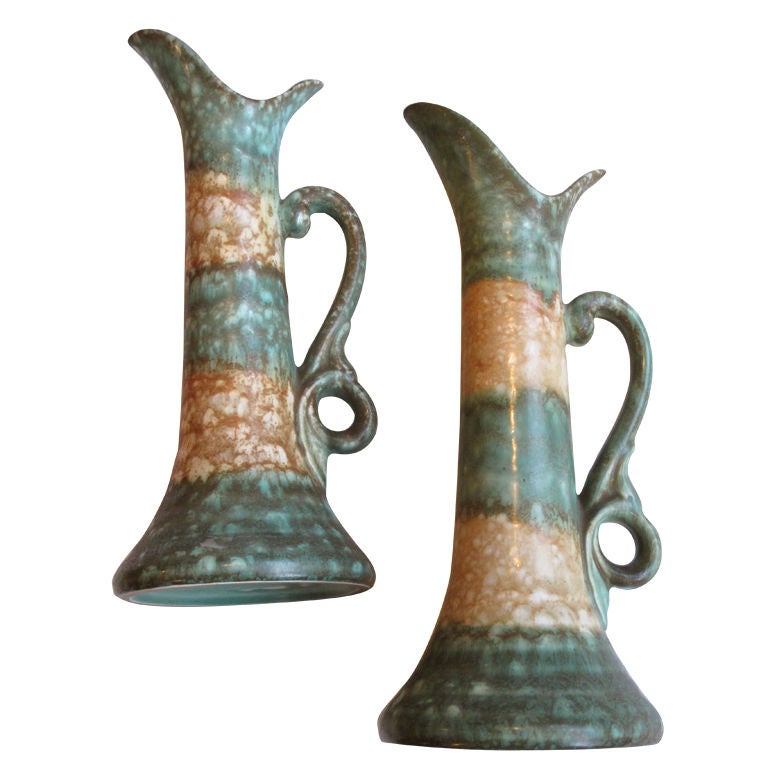 Rare Pair of German Arts & Crafts Matte Glazed Pottery Pitchers