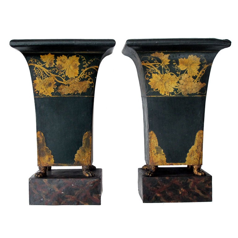 Pair of French Empire Style Dark Green Painted Tole Urns with Gilt Decoration