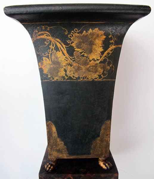 Pair of French Empire Style Dark Green Painted Tole Urns with Gilt Decoration In Good Condition In San Francisco, CA