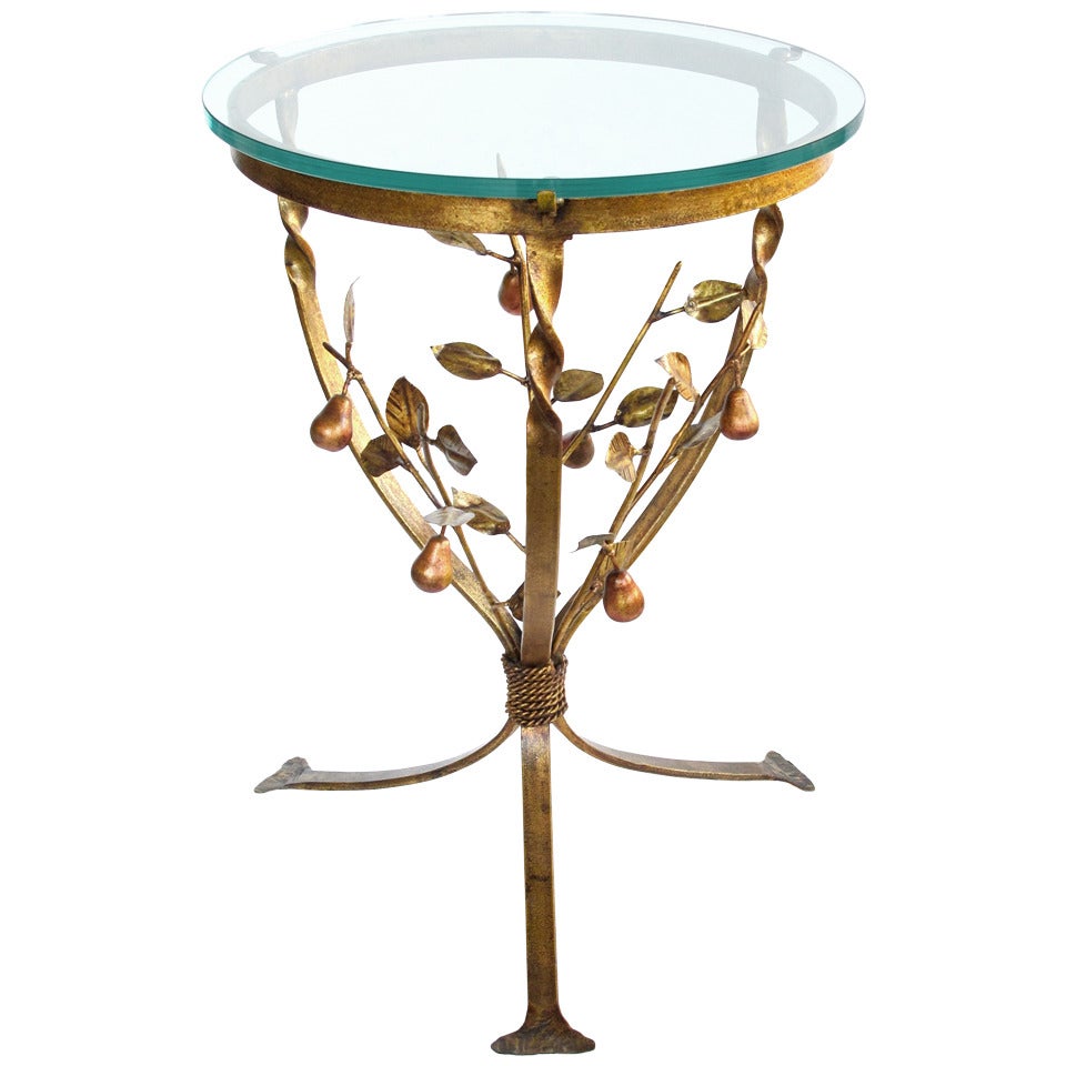 A Whimsical Italian 1960's Gilt-Iron Tripod Circular Side Table with Pear Branches