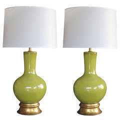 A Stylish Pair of American Mid-Century Apple-Green Glazed Pottery Lamps Designed Paul Laszlo