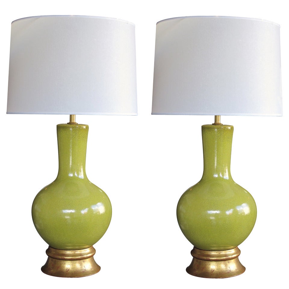 A Stylish Pair of American Mid-Century Apple-Green Glazed Pottery Lamps Designed Paul Laszlo