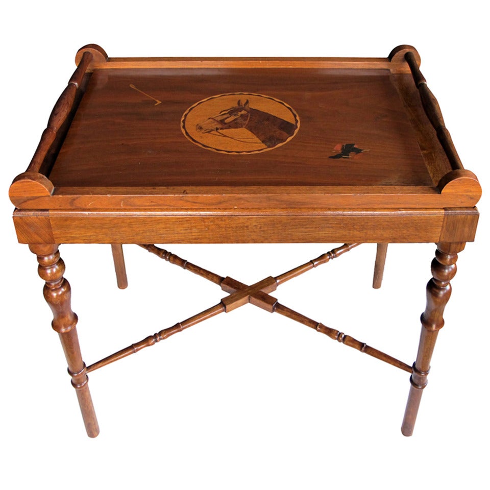 A Charming and Well-Executed American 1940's Folk Art Mahogany Inlaid Rectangular Tray on Stand