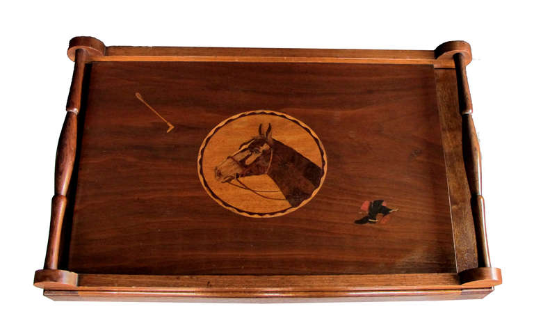 A Charming and Well-Executed American 1940's Folk Art Mahogany Inlaid Rectangular Tray on Stand In Excellent Condition In San Francisco, CA