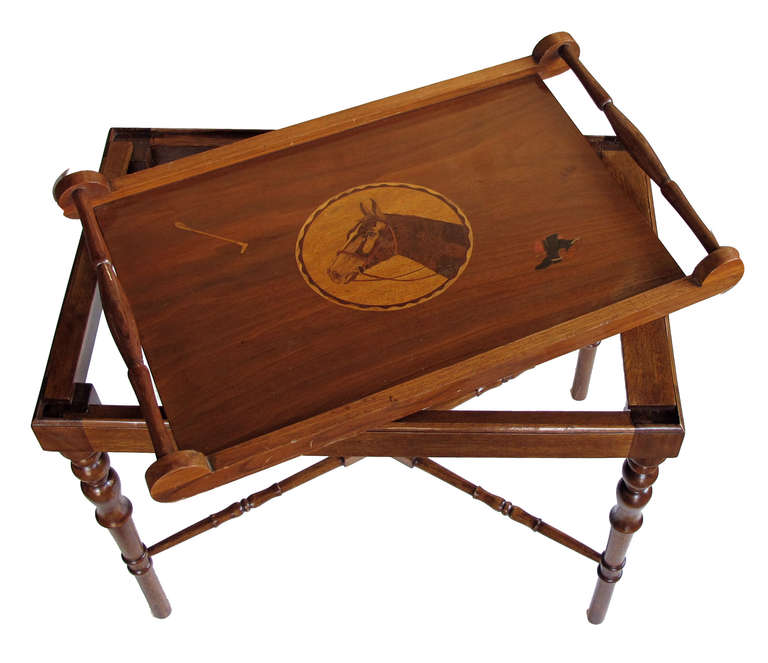 Mid-20th Century A Charming and Well-Executed American 1940's Folk Art Mahogany Inlaid Rectangular Tray on Stand