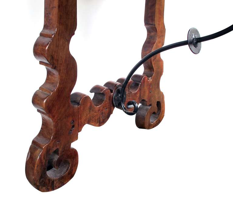 18th Century and Earlier A Rustic Spanish Baroque Style Walnut Trestle Table with Iron Stretcher