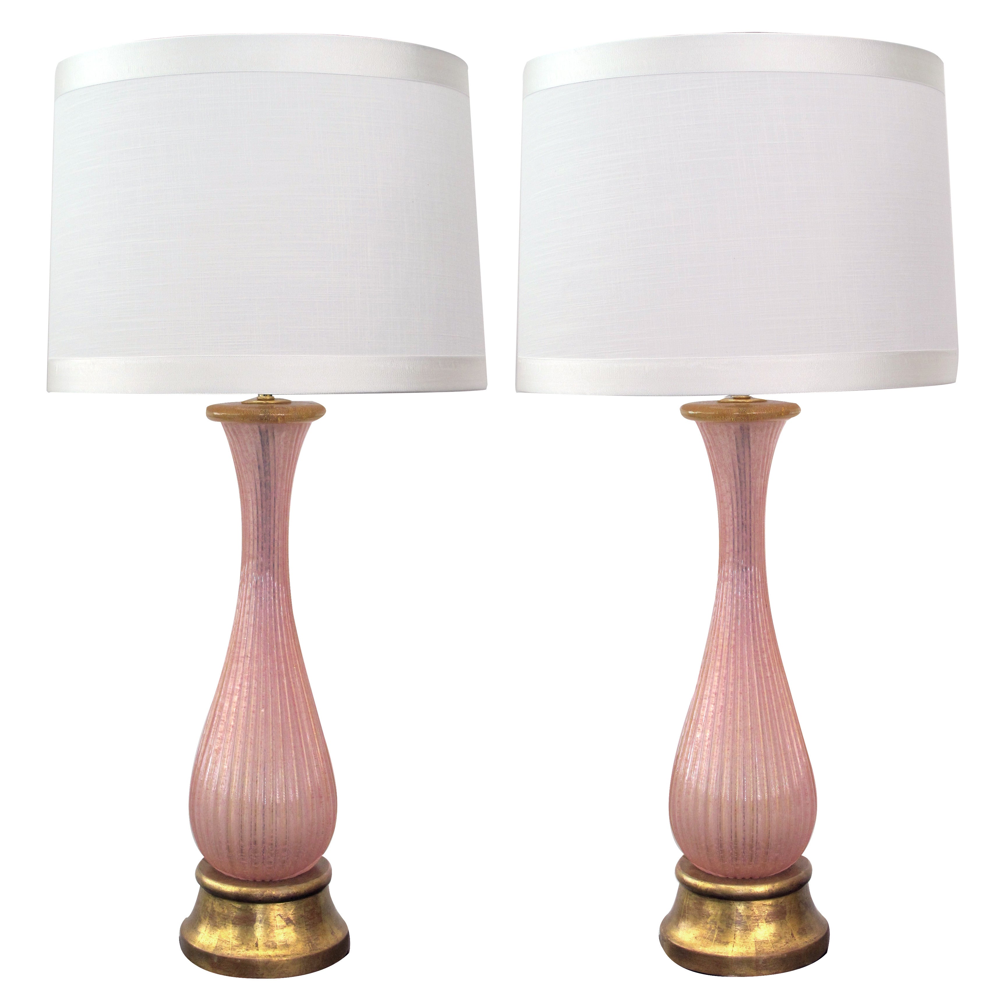 A Subtle Pair of Murano Mid-Century Teardrop Form Pink Ribbed Gold Aventurine Lamps