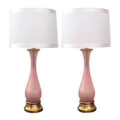 A Subtle Pair of Murano Mid-Century Teardrop Form Pink Ribbed Gold Aventurine Lamps