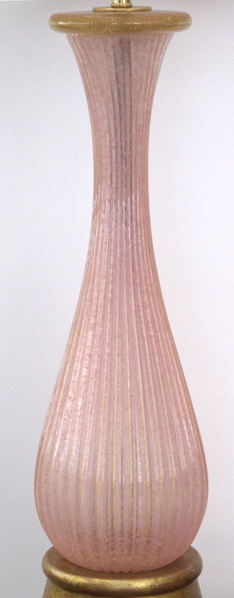 Italian A Subtle Pair of Murano Mid-Century Teardrop Form Pink Ribbed Gold Aventurine Lamps