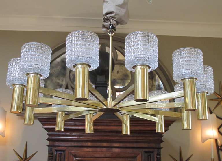 Mid-Century Modern Large-Scaled Swedish Chandelier with Cut Crystal Shades by Orrefors