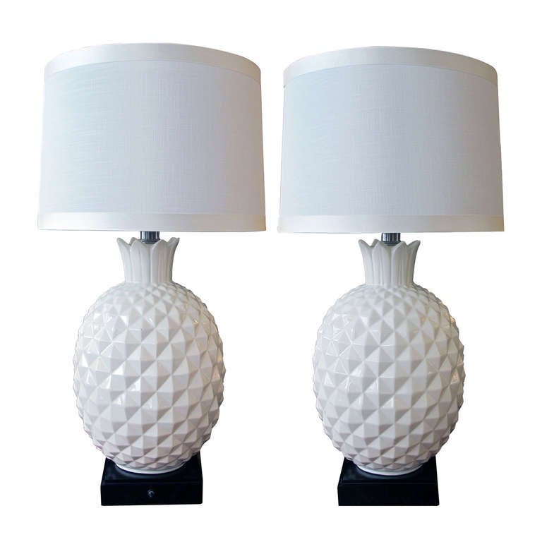 A Robust And Large Scaled Pair Of Italian 1960 S White Ceramic A Robust And Large Scaled Pair Of Italian 1960 S White Ceramic Pineapple Form Lamps