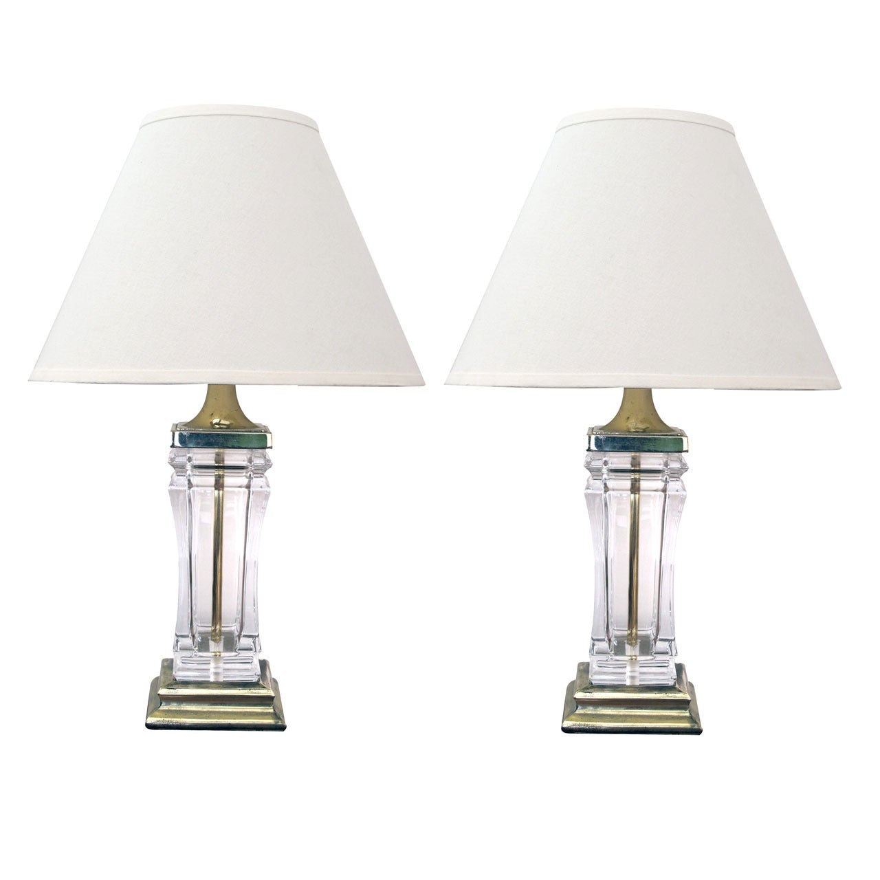 A Good Quality Pair of French 1960's Crystal Lamps with Brass Fittings; Labeled 'Cofrac, Paris, Made in France'