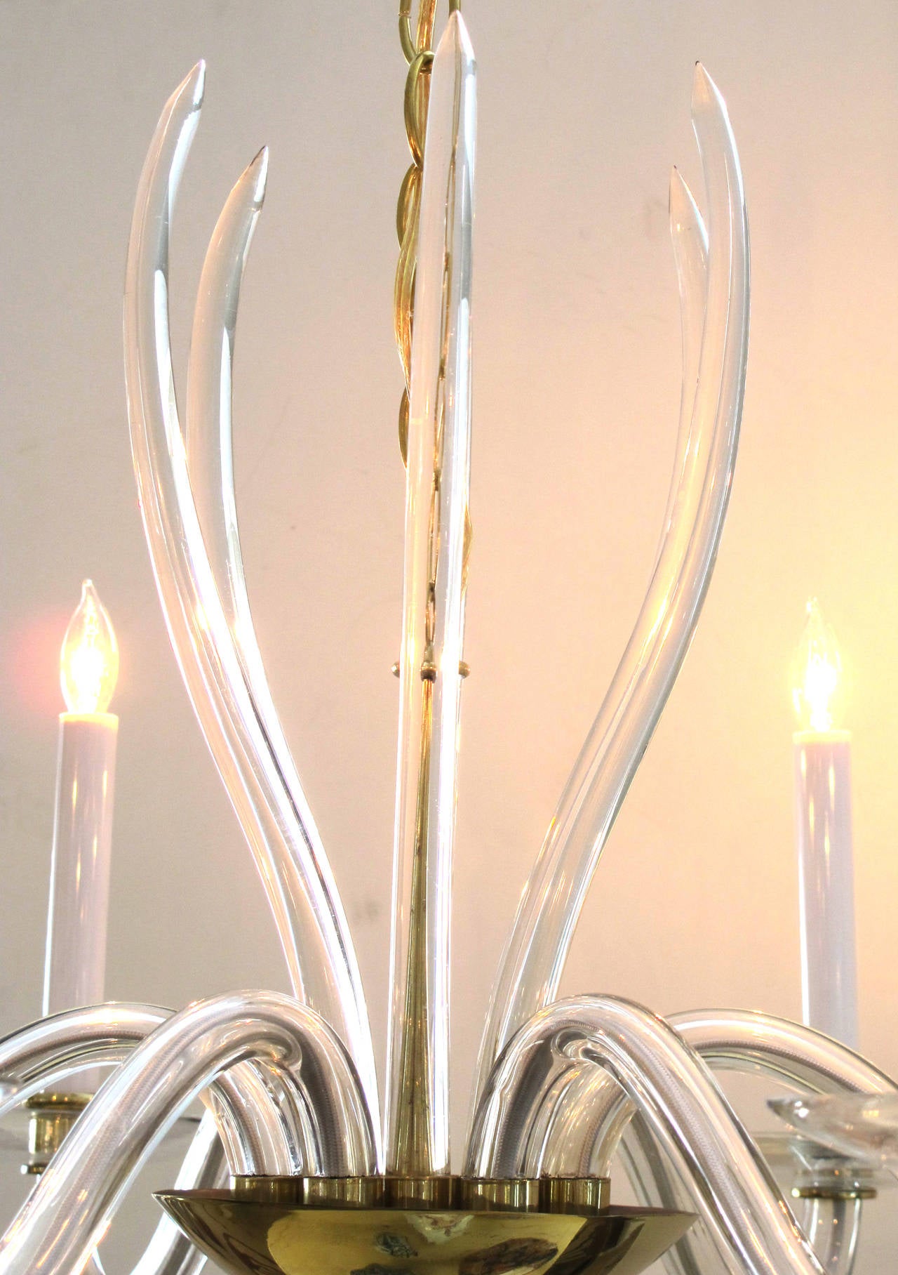Mid-20th Century Stylish Murano 1960s Clear Glass and Brass Six-Light Chandelier