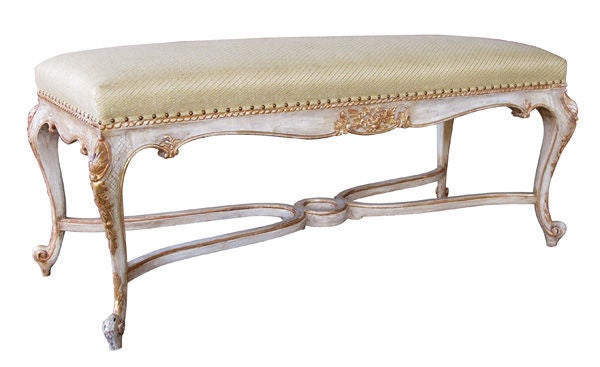 Curvaceous French Rococo-Revival Pale-Green & Parcel Gilt Bench
