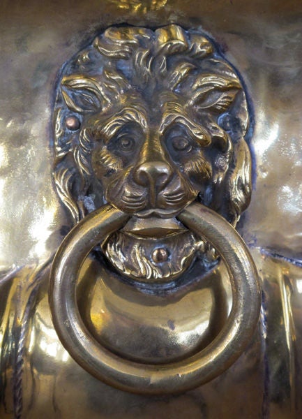 An Exceptional and Large-Scaled Pair of English Hand-Hammered Brass Lobed Jardinieres with Lion Ring Handles 2