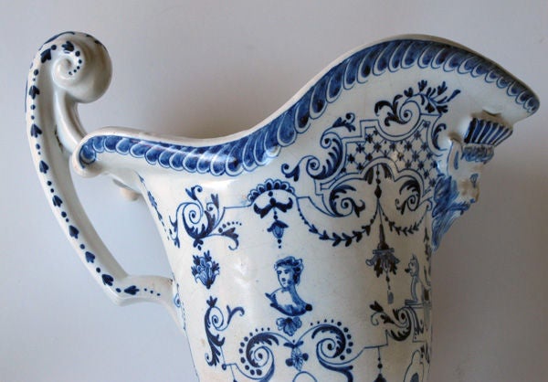 A Good Pair of French Blue&White Tin-Glazed Faience Pitchers For Sale 3