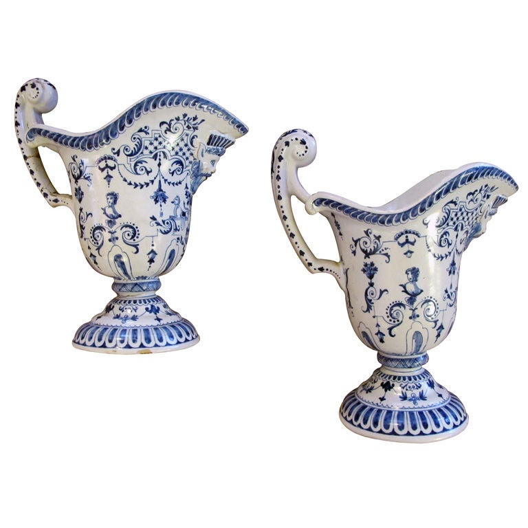A Good Pair of French Blue&White Tin-Glazed Faience Pitchers